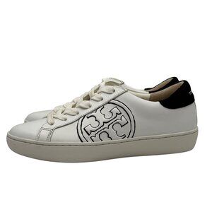Tory Burch T-Logo Leather Sneakers Lace-Up Black/White Logo Size 5M